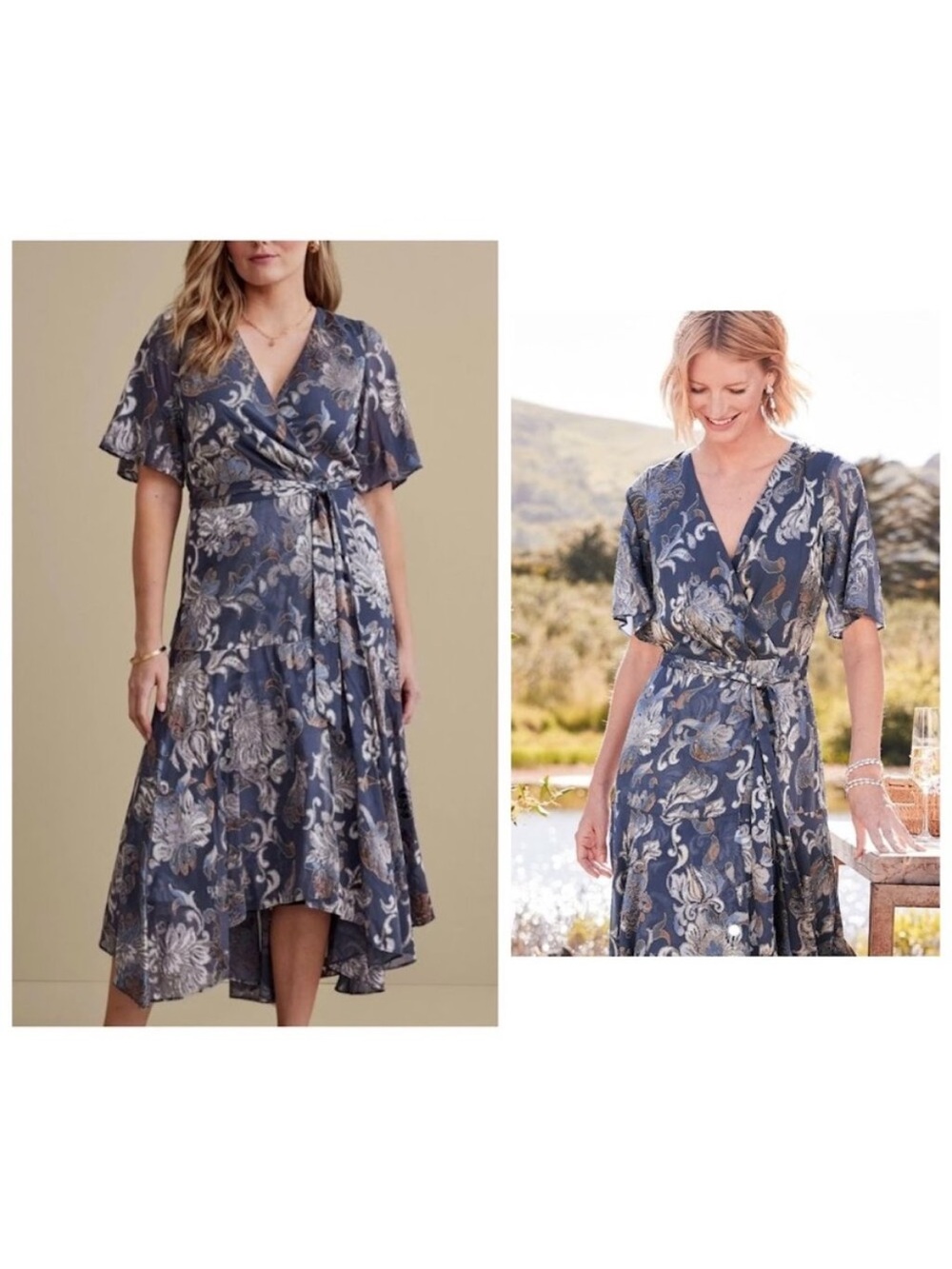 Soft Surroundings Blue Floral Wrap Maxi Dress Size 18 Belted Flutter Sleeve